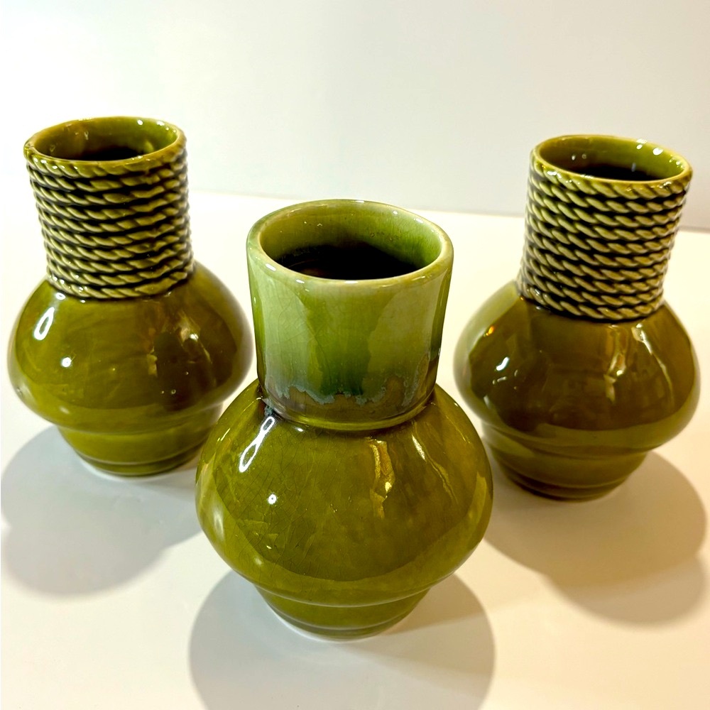 MCM Pottery Vases Japan green drip glazed -rope design set of 3